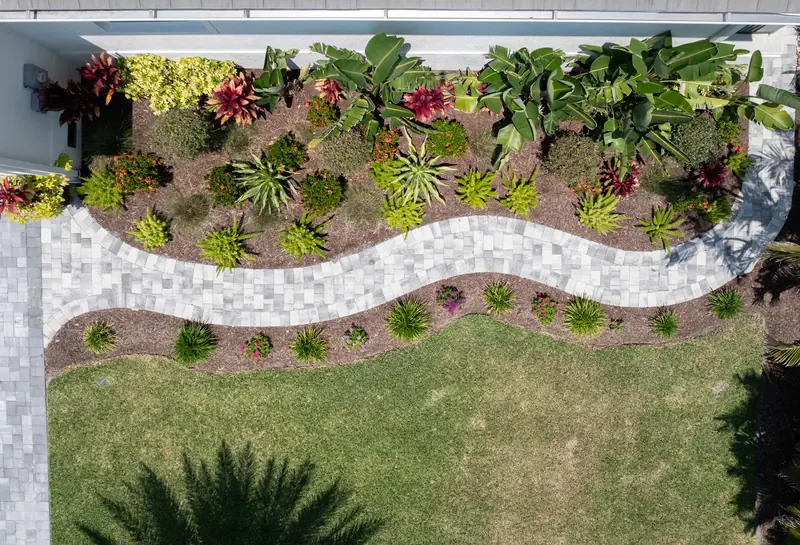 Aerial view of a curving paver walkway between dense tropical planting beds and lawn